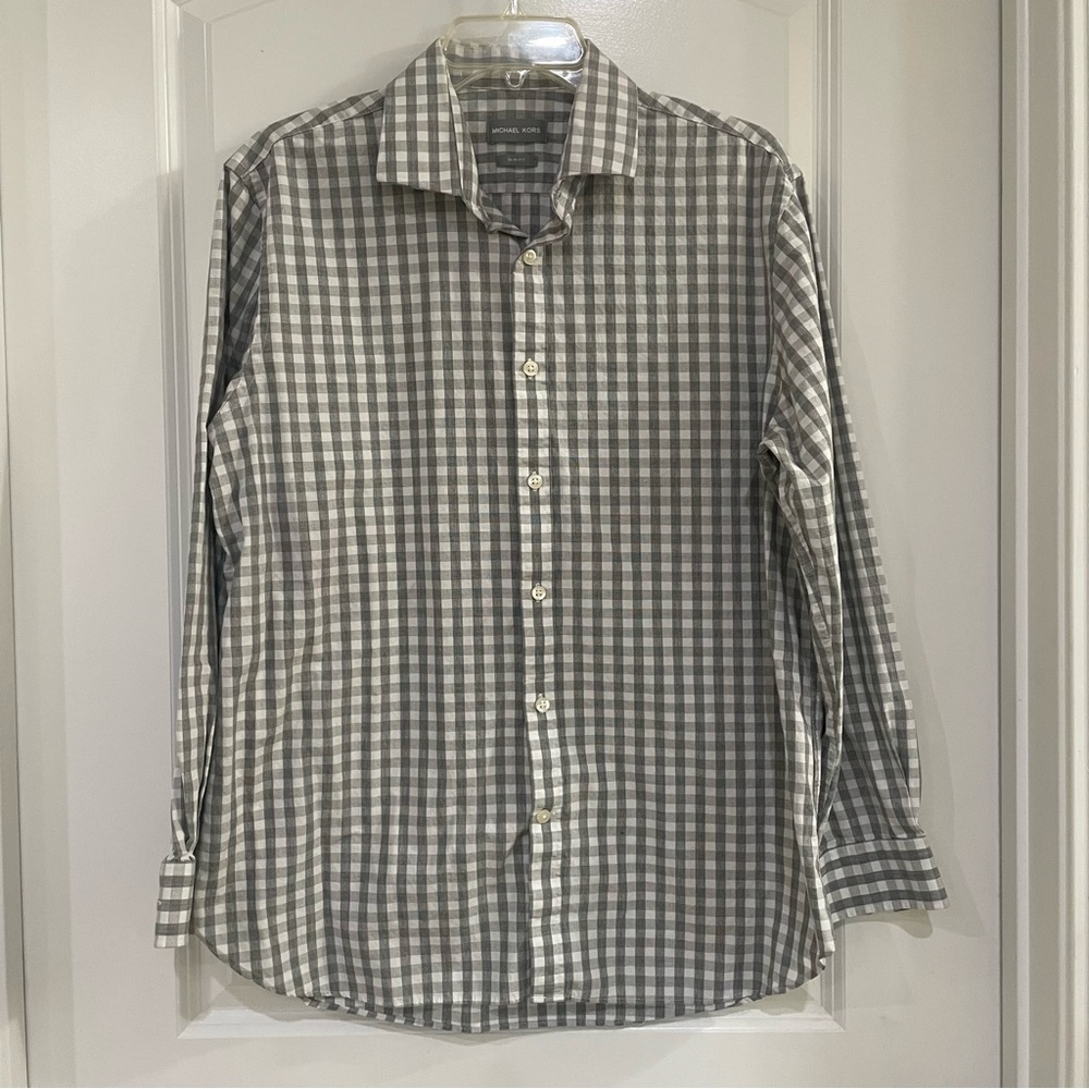 Michael Kors men’s slim fit gray/white checker button down shirt L 16 1/2 32/33